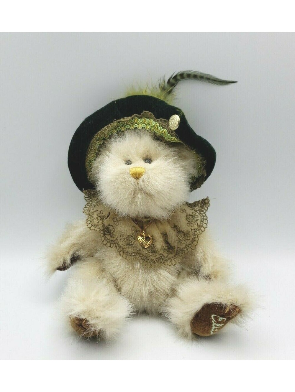 Pickford Bears Plush ELIZA Brass Button & Pendant Green Velvet Hat Feather